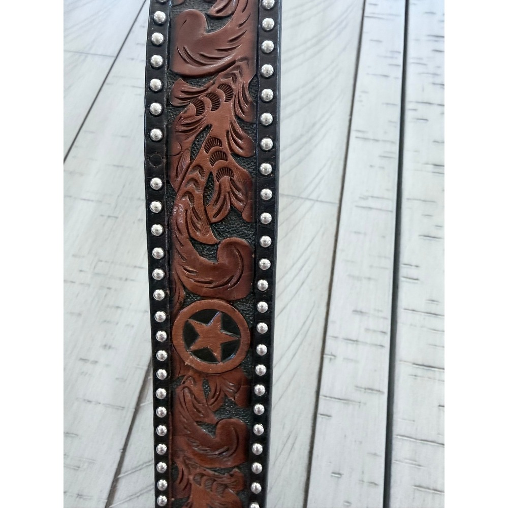 V- 037- 3-D Belt Co Mens Brown Hand Tooled Leather Western Star Studded Belt 36